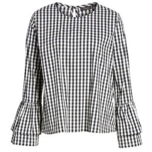 Halogen | Black Gingham Check Layered Bell Sleeve Cotton Poplin Blouse Top, XL